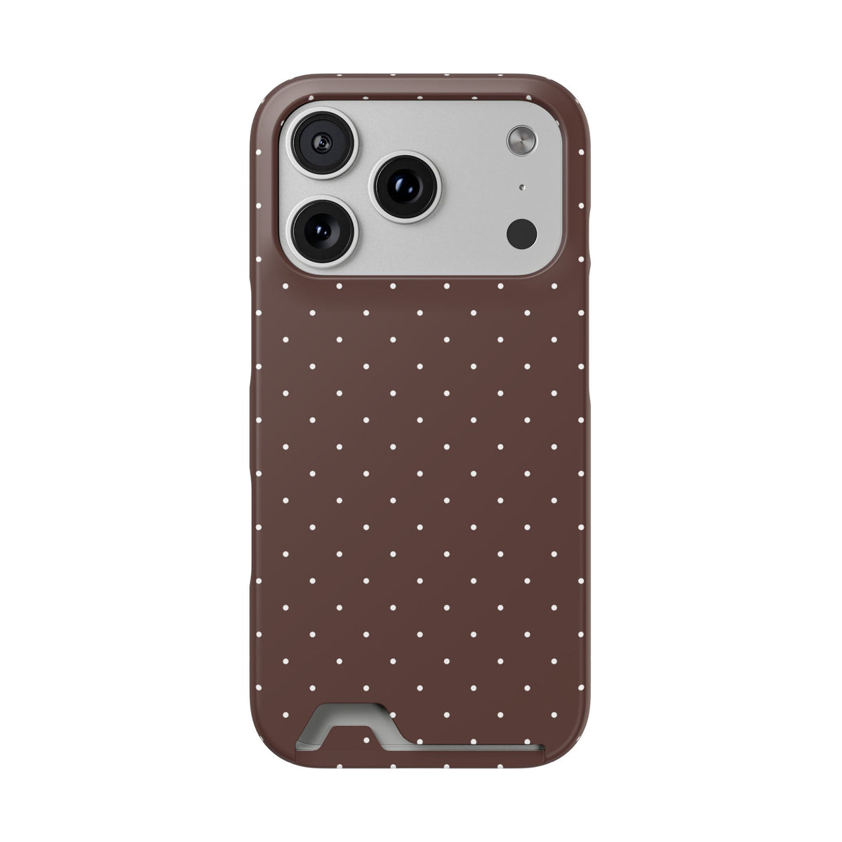 Brown polka dot phone case with card holder, small white dots on brown