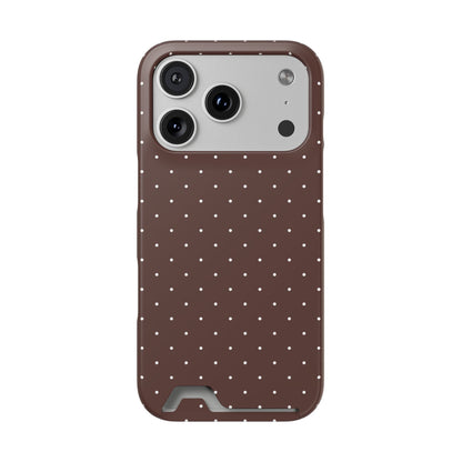 Brown polka dot phone case with card holder, small white dots on brown