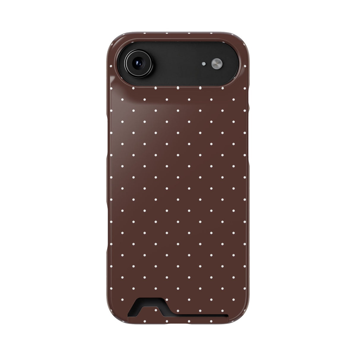 Brown polka dot phone case with card holder, small white dots on brown