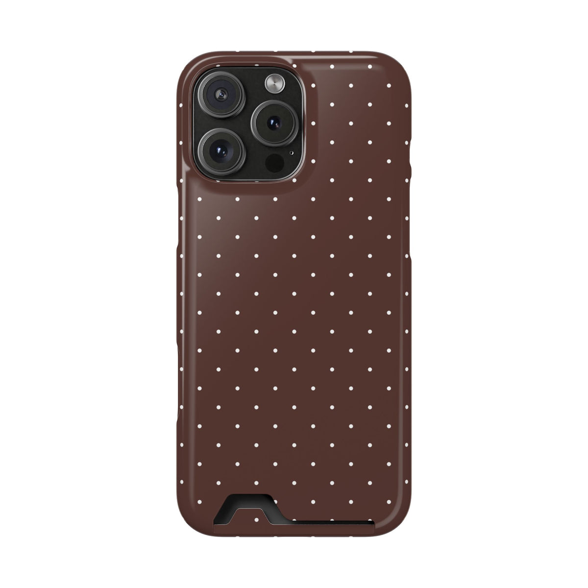 Brown polka dot phone case with card holder, small white dots on brown