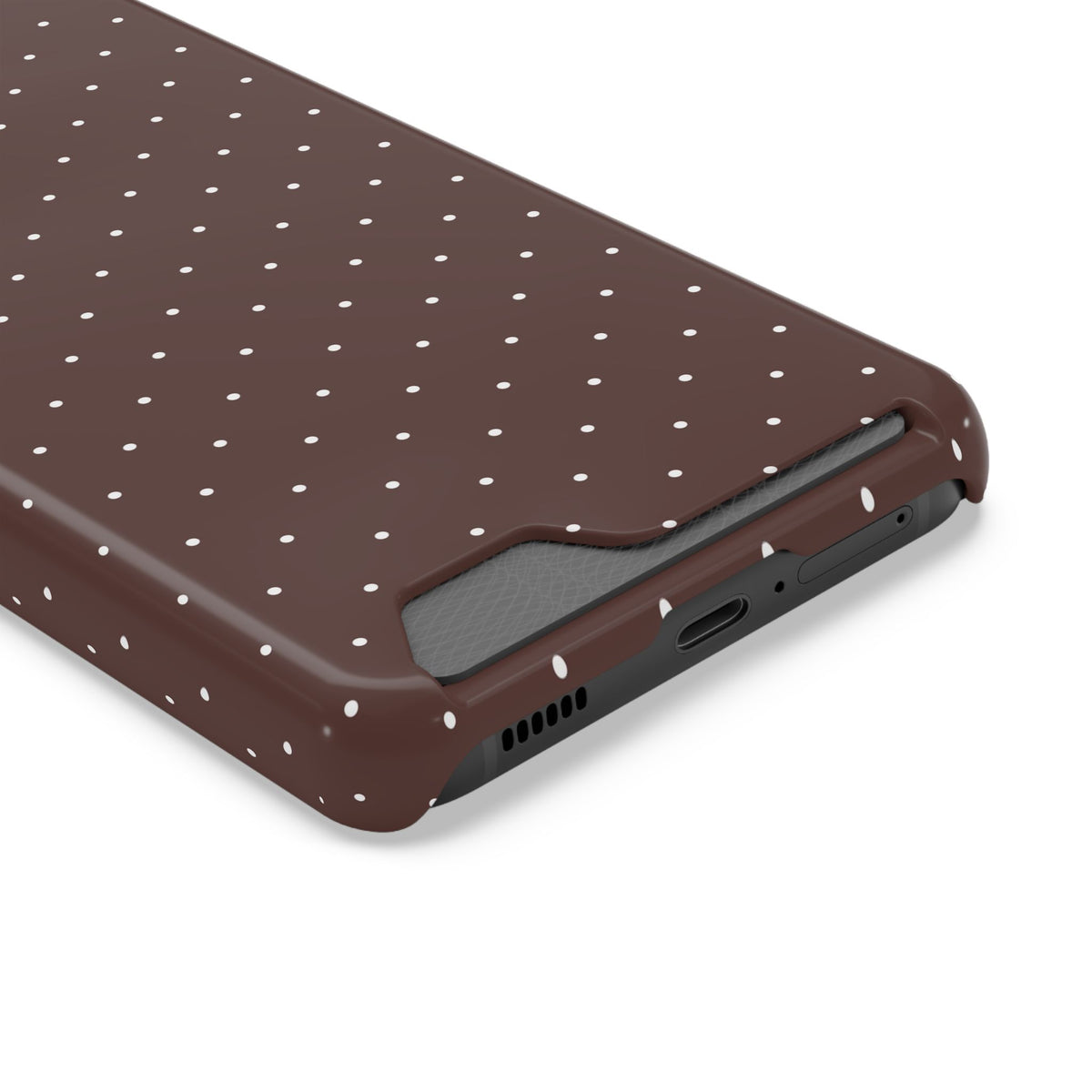 Brown polka dot phone case with card holder, small white dots on brown