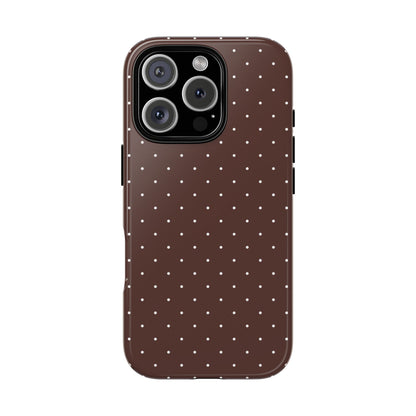 Brown polka dot tough phone case, small white dots on brown