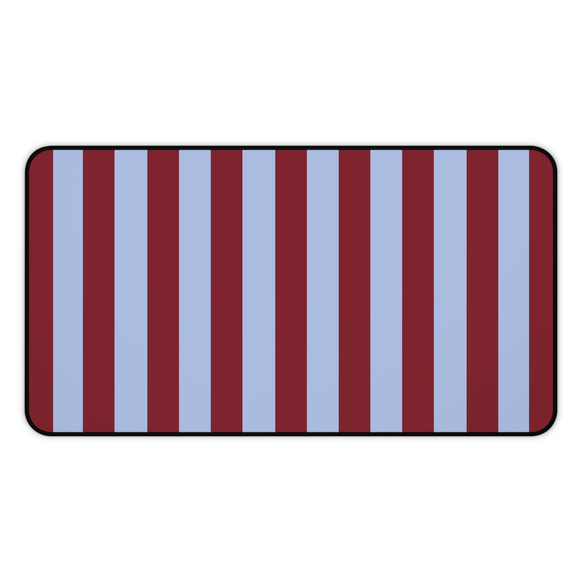 Burgundy and light blue striped desk mat, front view