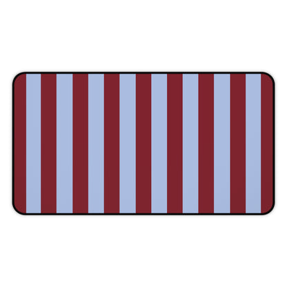 Burgundy and light blue striped desk mat, front view