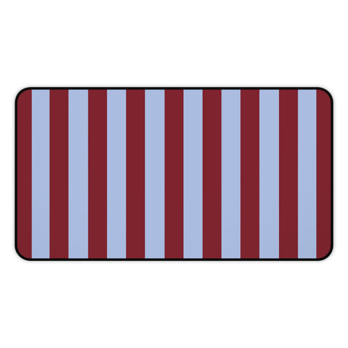 Burgundy and light blue striped desk mat, front view
