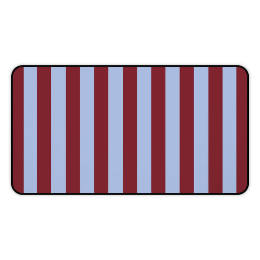 Burgundy and light blue striped desk mat, front view