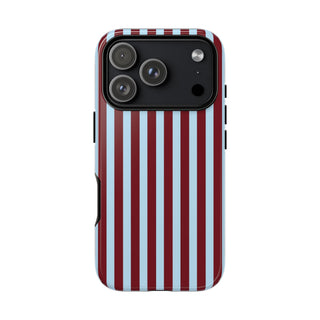 Burgundy and light blue striped tough phone case