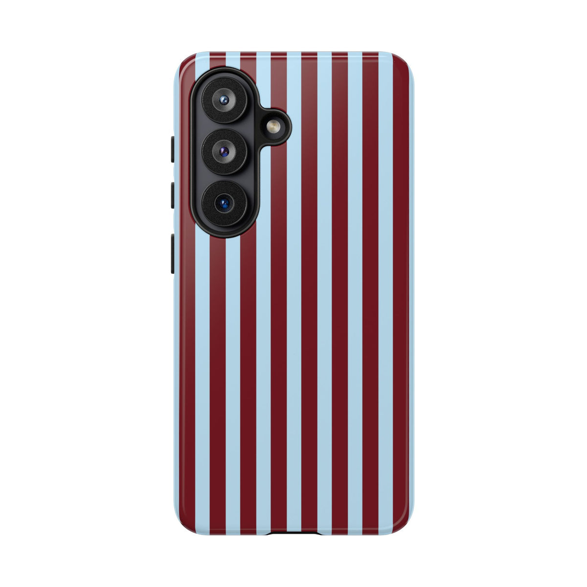 Narrow stripe tough phone case in burgundy and light blue, back view