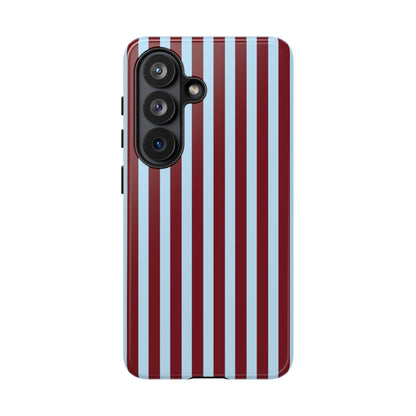 Narrow stripe tough phone case in burgundy and light blue, back view