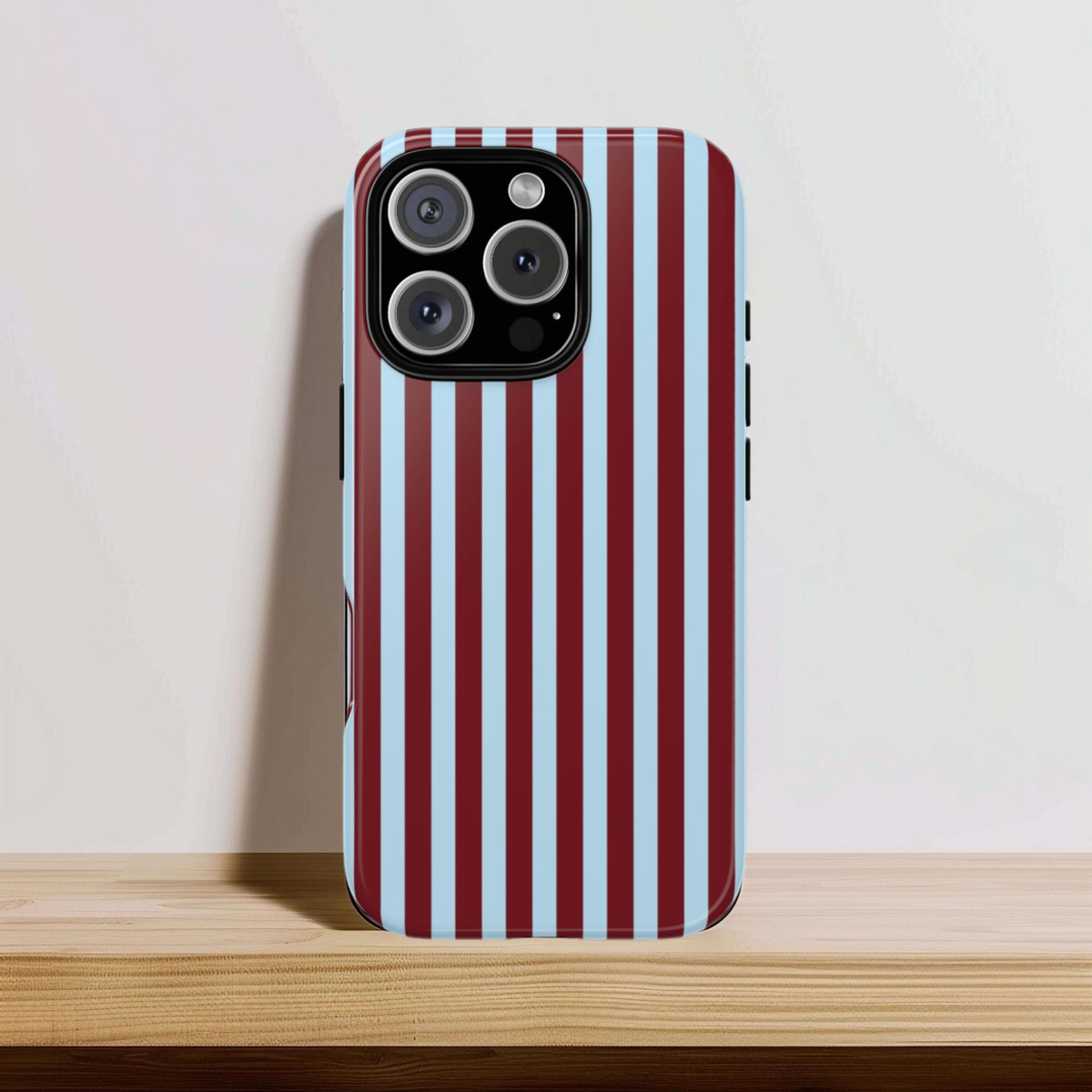 Burgundy and light blue stripe pattern detail on a tough case