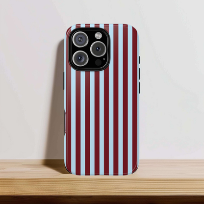 Burgundy and light blue stripe pattern detail on a tough case