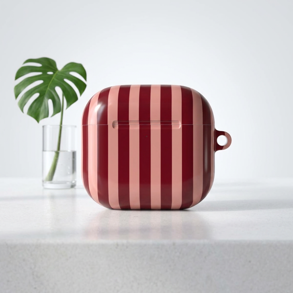Burgundy and blush stripe print for the AirPod case