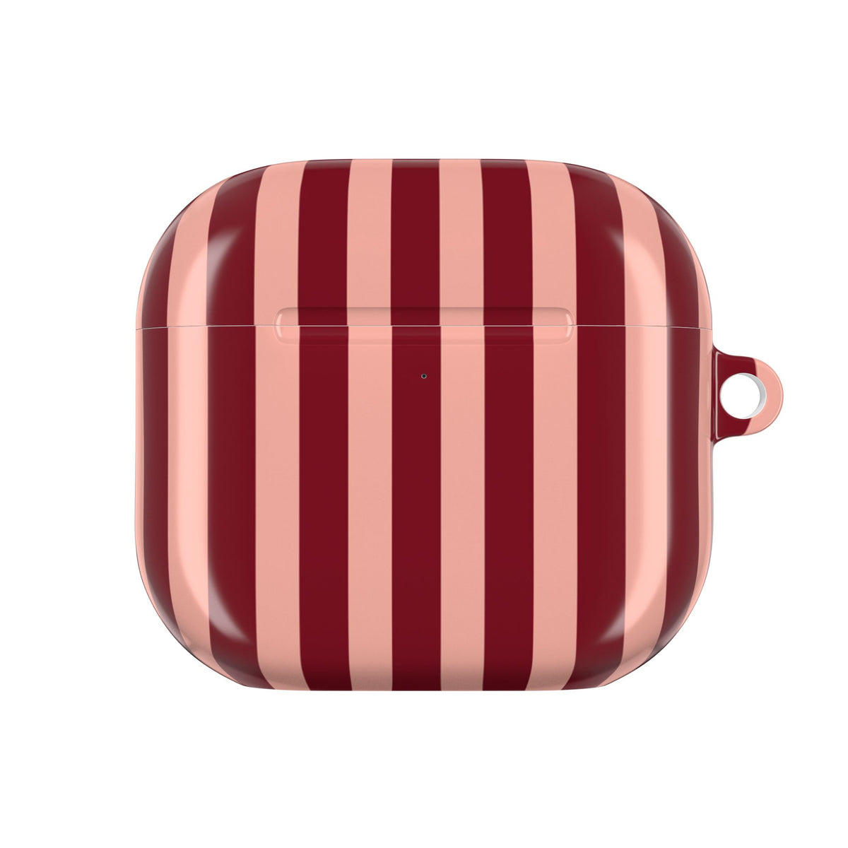 Wide stripe AirPod case in burgundy and blush, side view