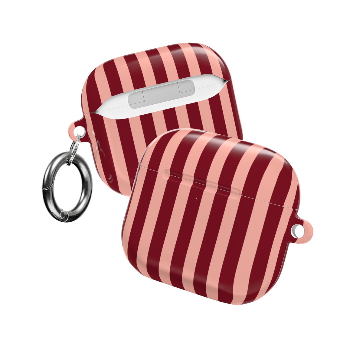 Burgundy blush striped AirPod case with the lid open
