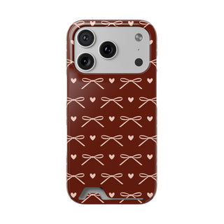 Burgundy bow phone case with card holder, pale pink bows and hearts