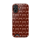 Deep burgundy card holder phone case with pink ribbon bows