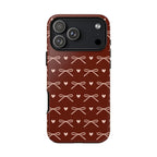 Burgundy bow tough phone case with pale pink bows and hearts