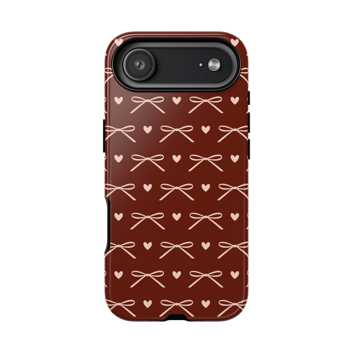 Cute burgundy bow tough phone case with tiny pink hearts
