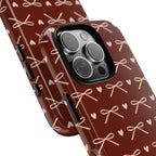 Burgundy bow tough phone case, coquette heart print