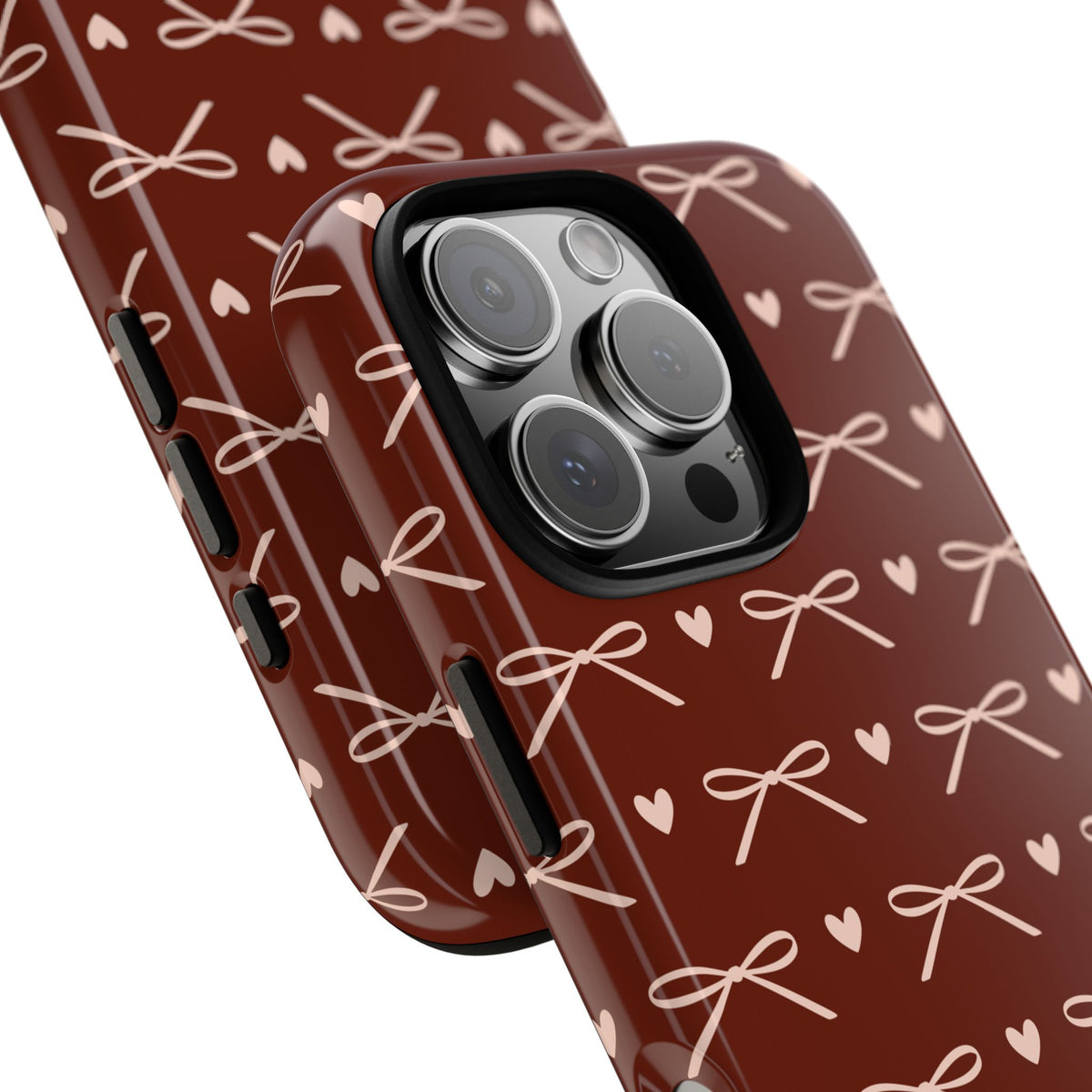 Burgundy bow tough phone case, coquette heart print