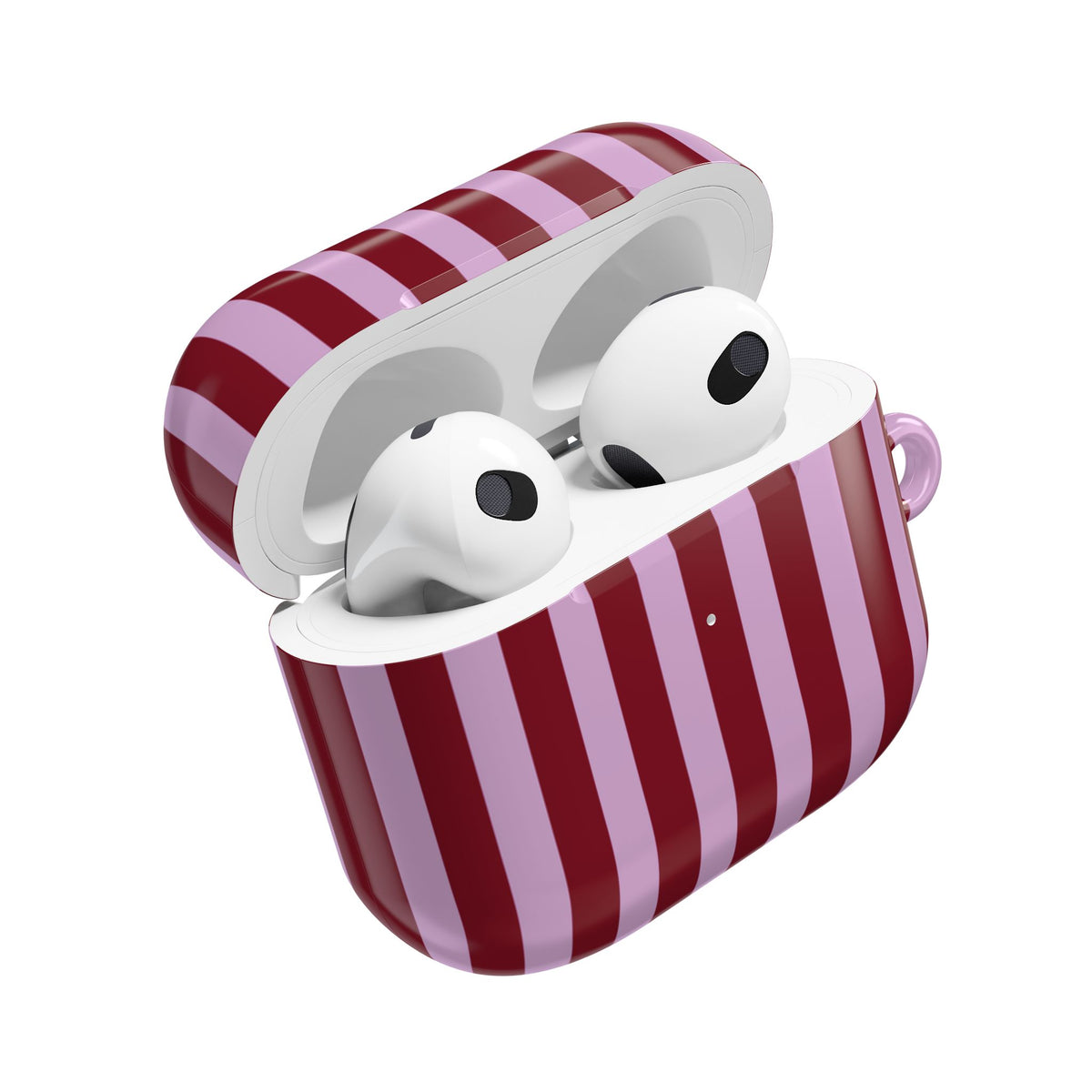 Burgundy pink striped AirPod case shown from the front