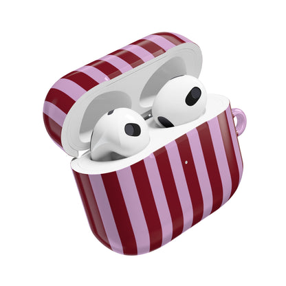 Burgundy pink striped AirPod case shown from the front