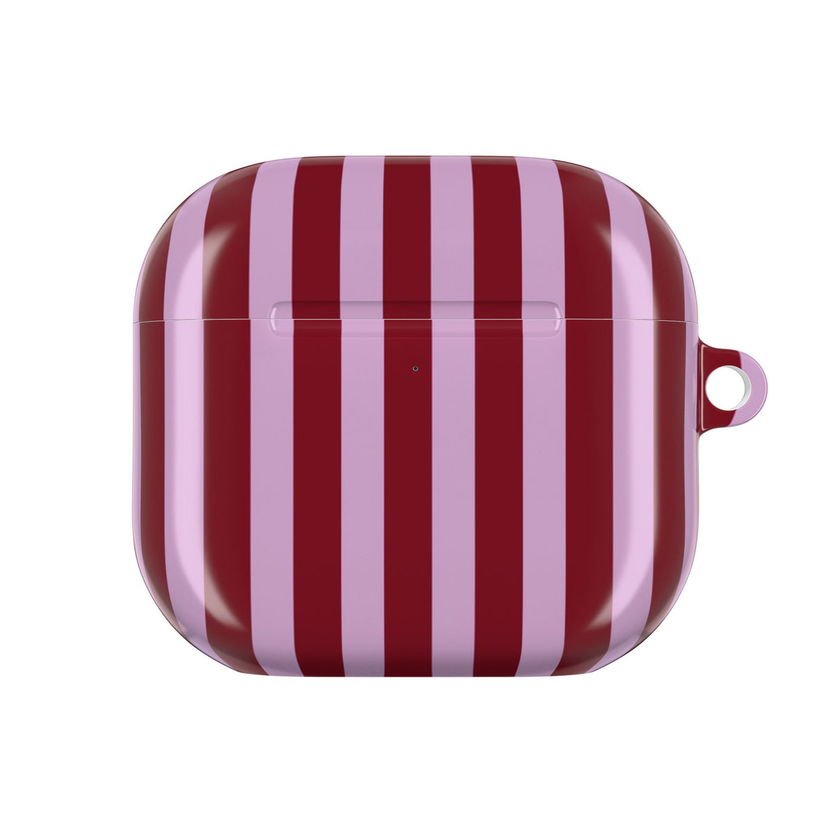 Wide stripe AirPod case in burgundy and pink, side view