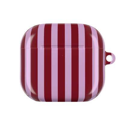 Wide stripe AirPod case in burgundy and pink, side view