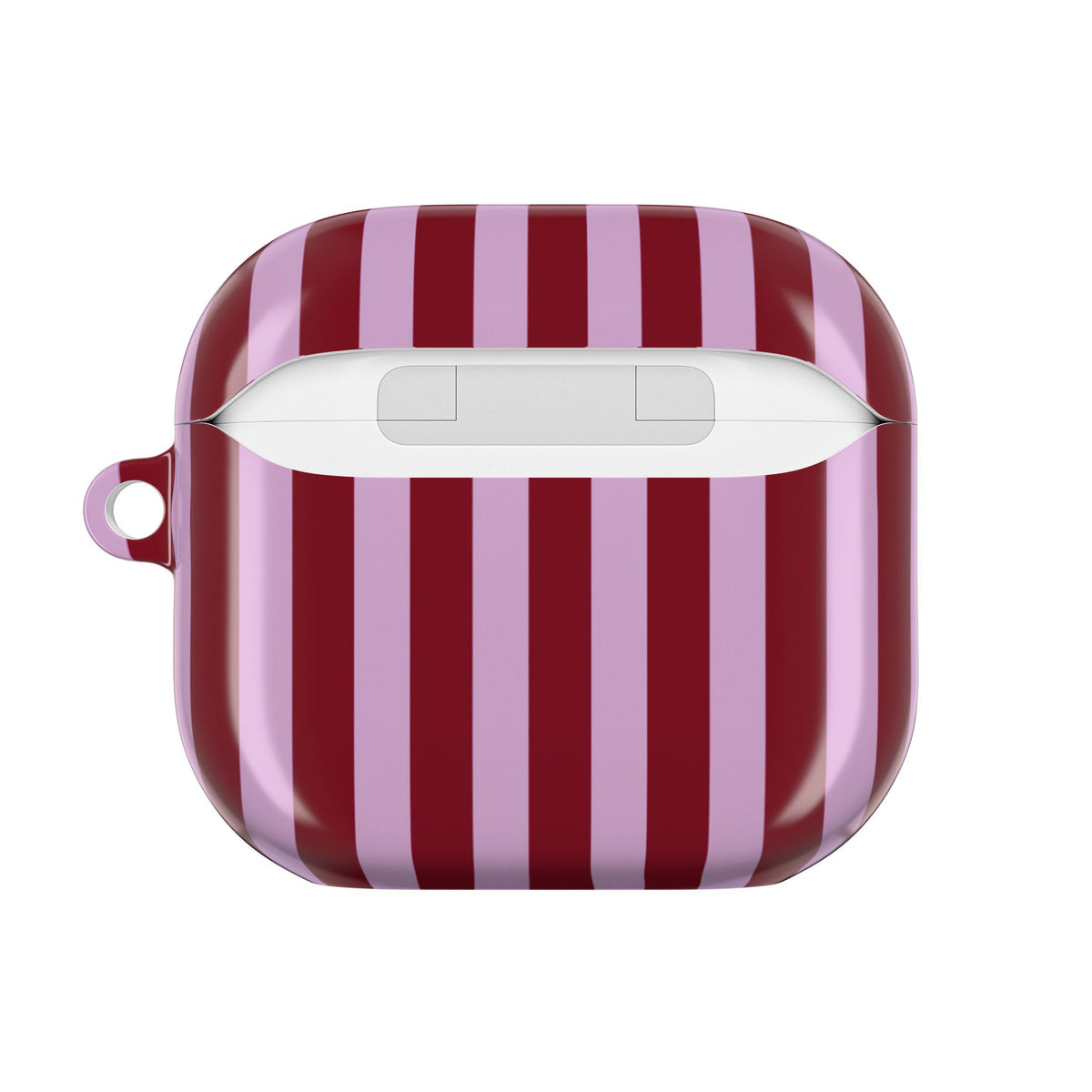 Striped AirPod case held in hand