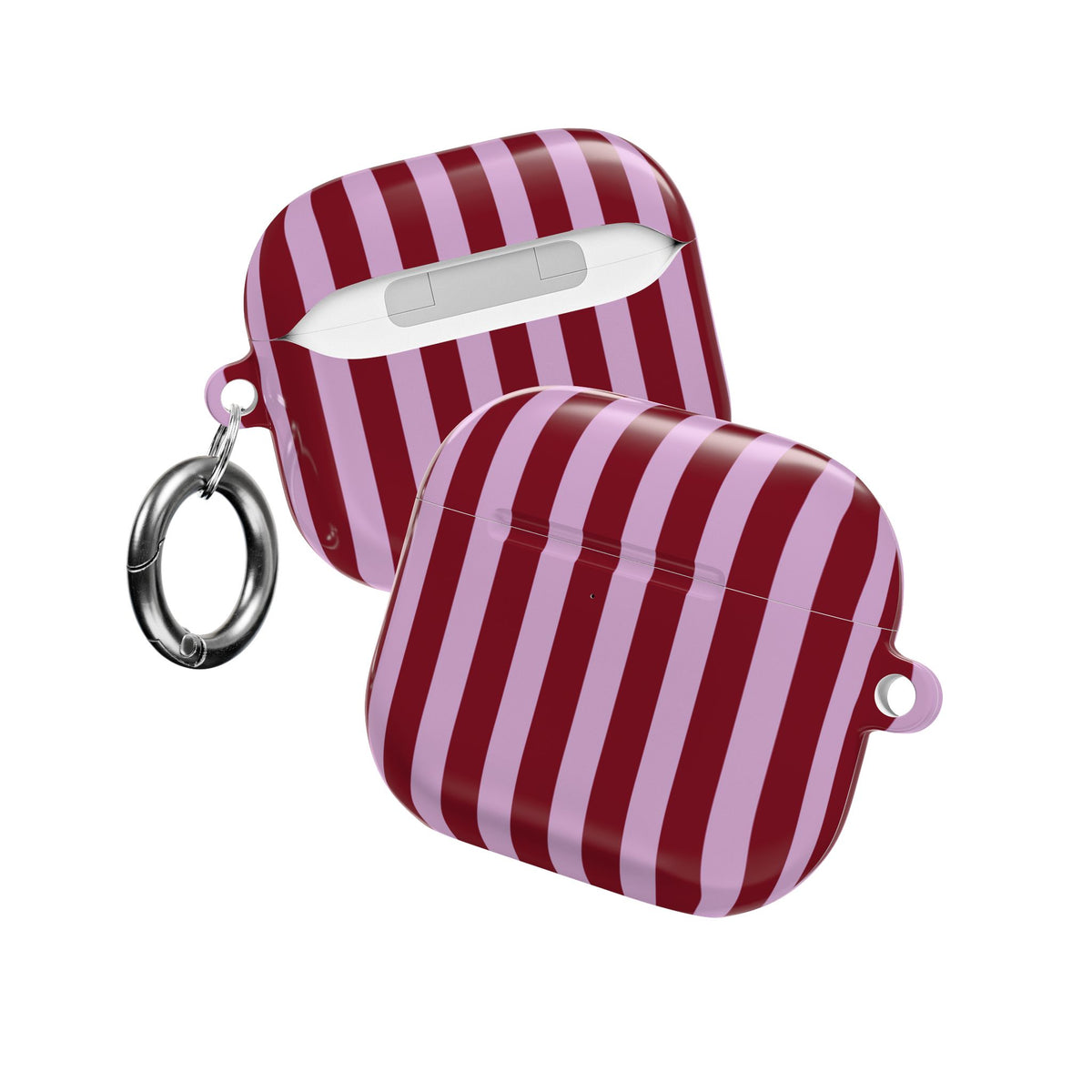 Burgundy pink striped AirPod case with the lid open