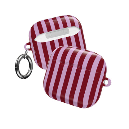 Burgundy pink striped AirPod case with the lid open