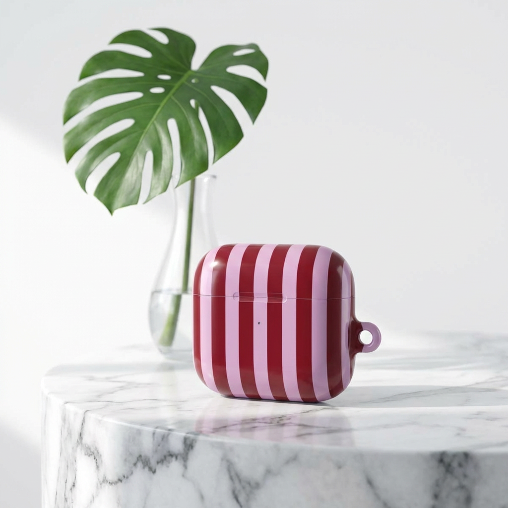 Burgundy and pink stripe print for the AirPod case