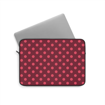 Polka dot laptop sleeve in burgundy with a black YKK zipper