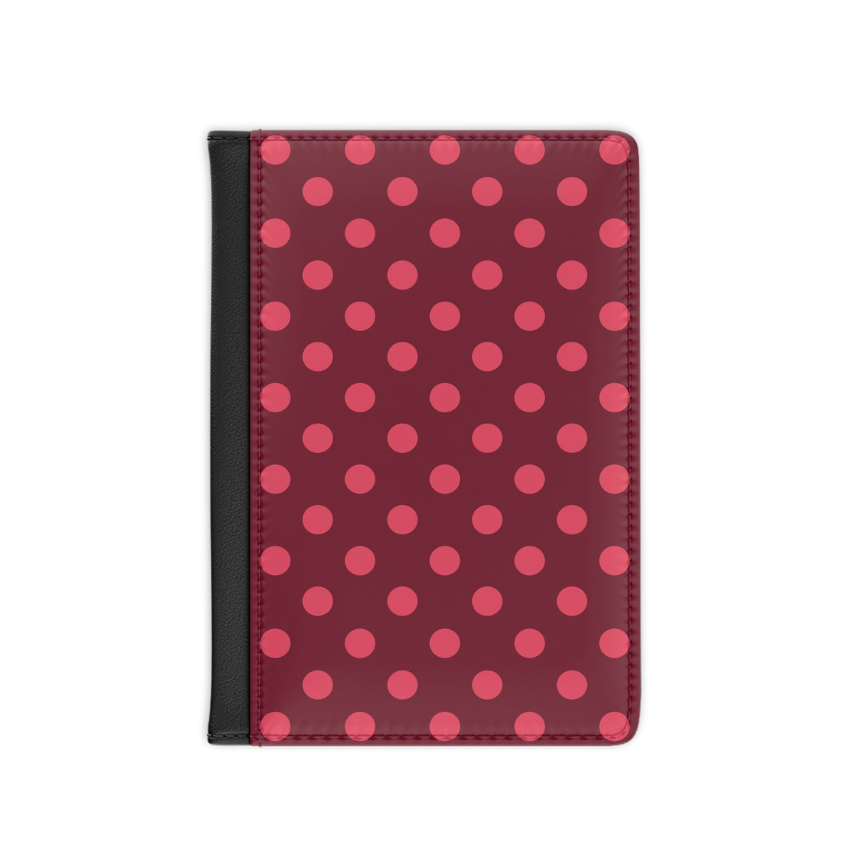 Burgundy polka dot passport cover with pink dots