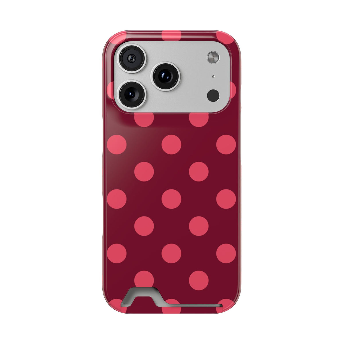 Burgundy polka dot phone case with a card slot