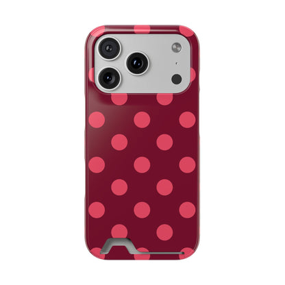 Burgundy polka dot phone case with a card slot