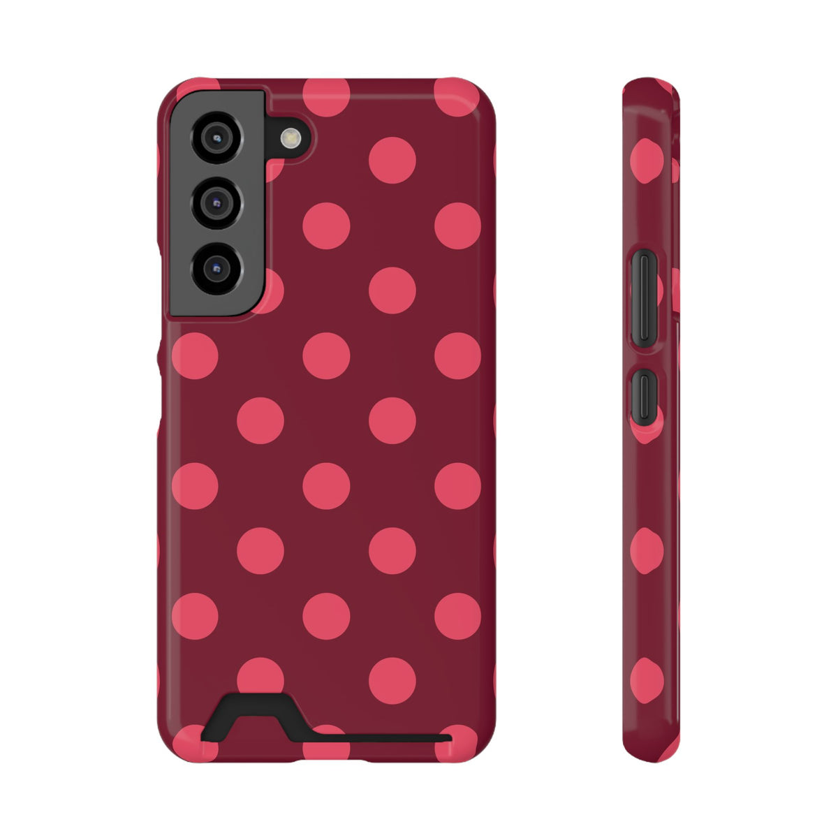 Burgundy polka dot phone case with card holder, pink dots on burgundy