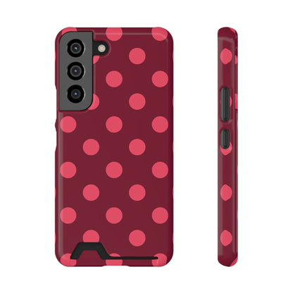 Burgundy polka dot phone case with card holder, pink dots on burgundy