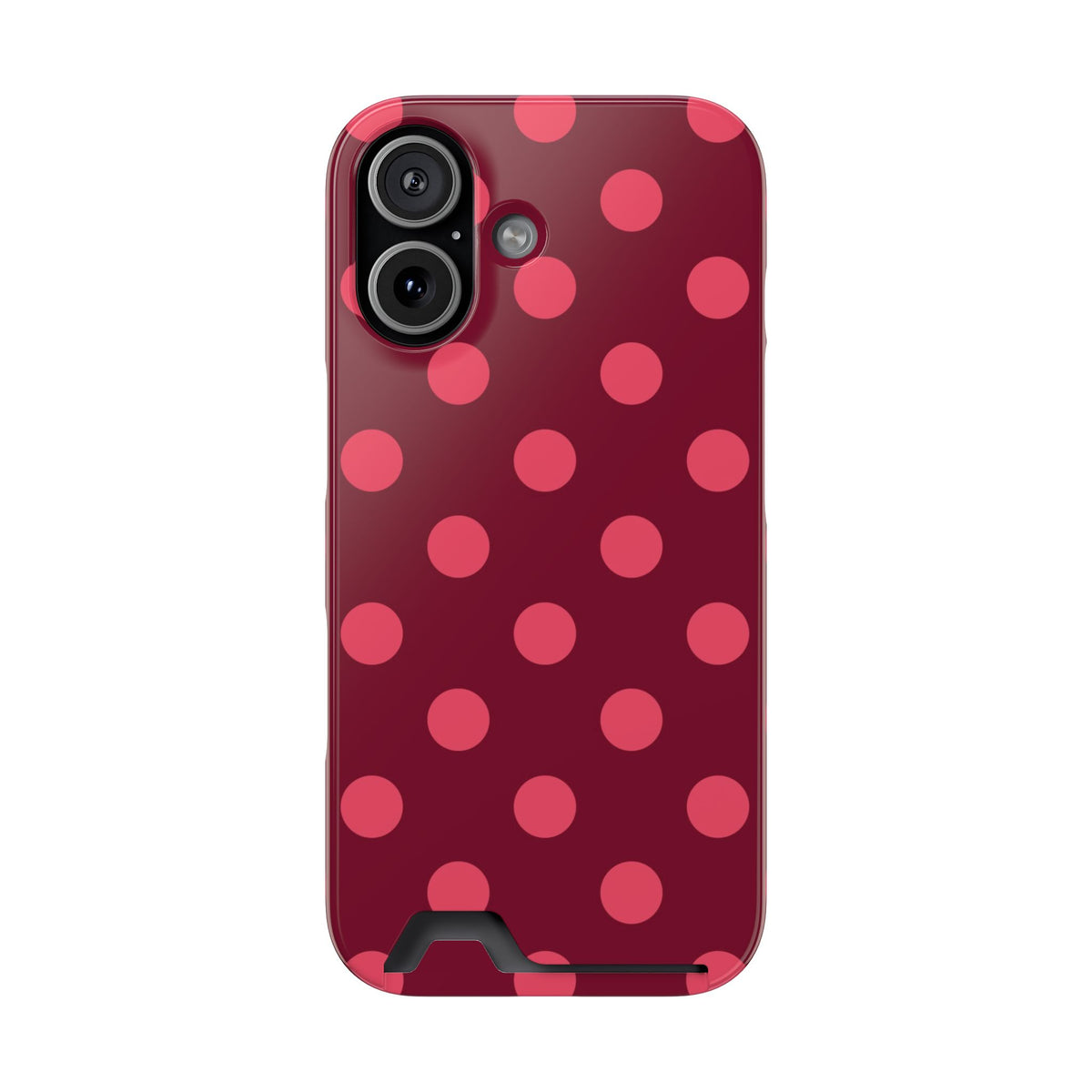 Burgundy polka dot phone case with card holder, pink dots on burgundy