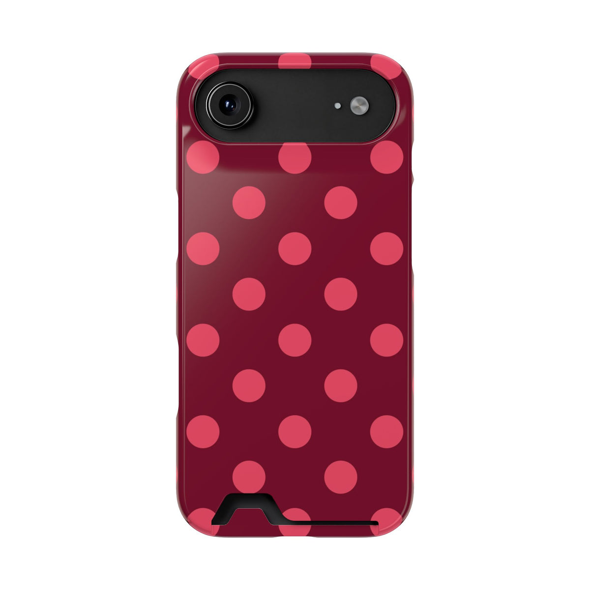 Burgundy polka dot phone case with card holder, pink dots on burgundy