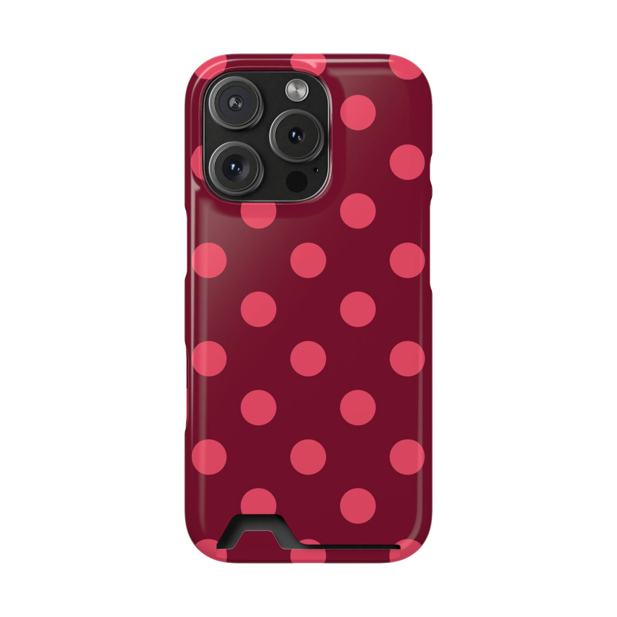 Burgundy polka dot phone case with card holder, pink dots on burgundy