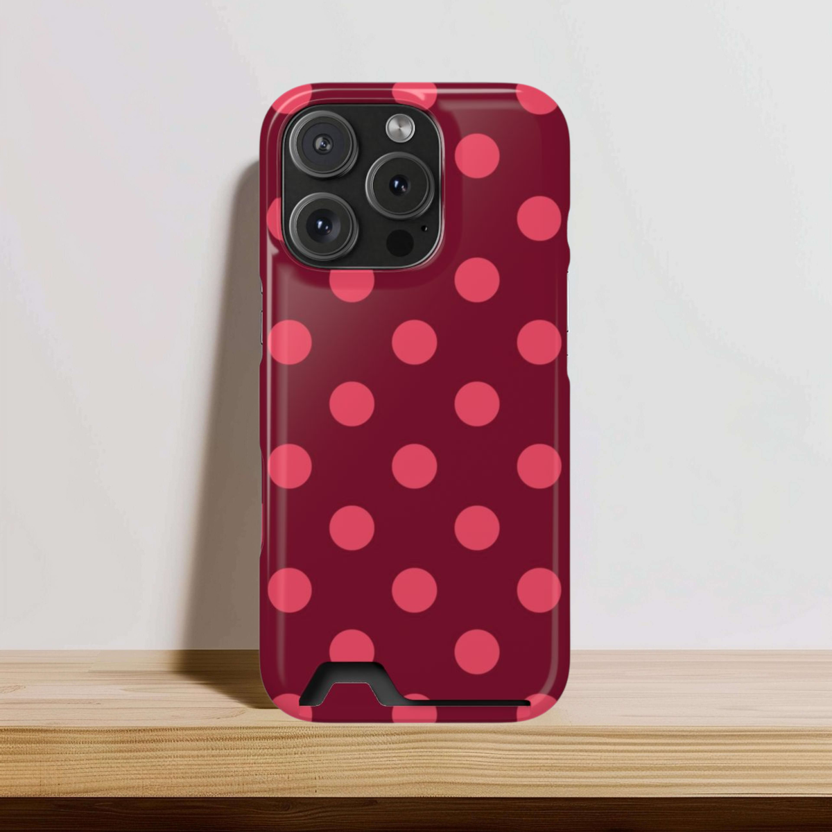 Burgundy polka dot phone case with card holder, pink dots on burgundy