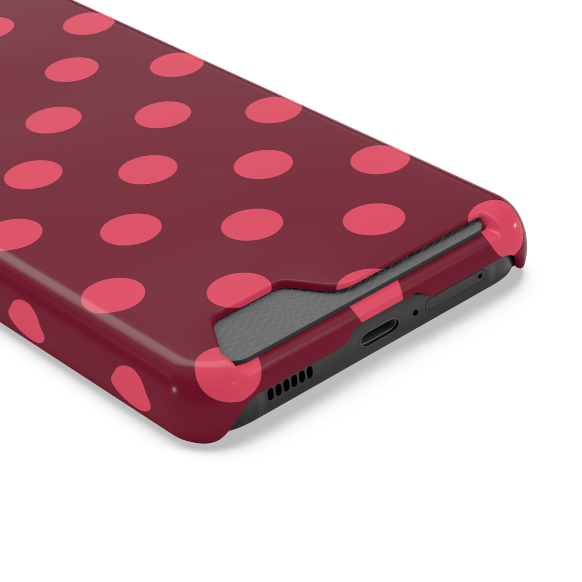 Burgundy polka dot phone case with card holder, pink dots on burgundy