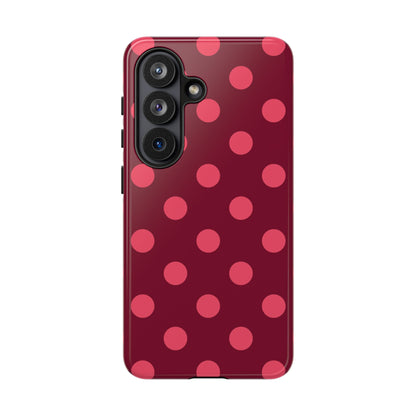 Burgundy polka dot tough phone case, pink dots on burgundy