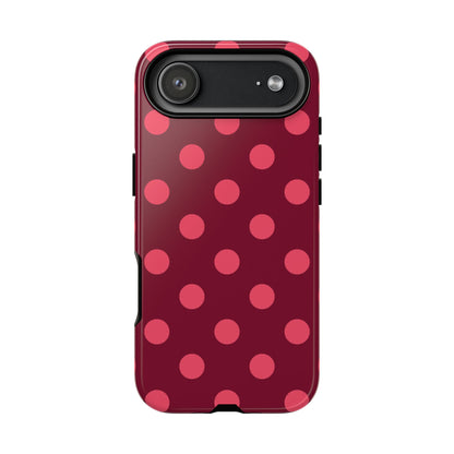 Burgundy polka dot tough phone case, pink dots on burgundy