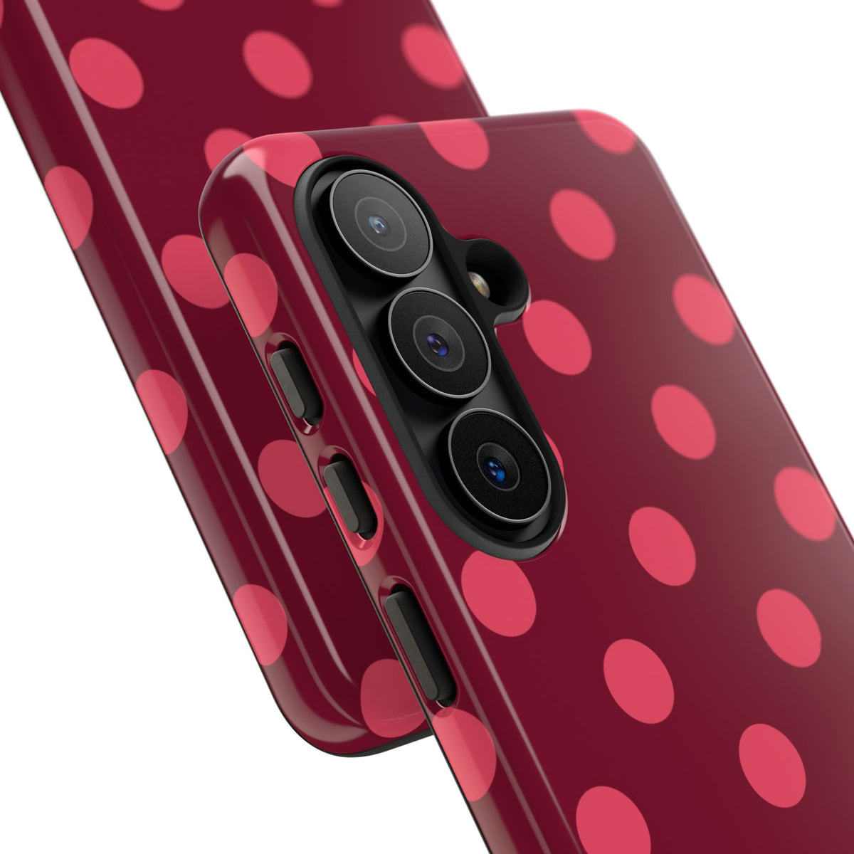 Burgundy polka dot tough phone case, pink dots on burgundy
