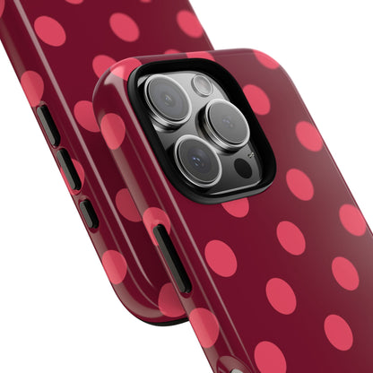 Burgundy polka dot tough phone case, pink dots on burgundy