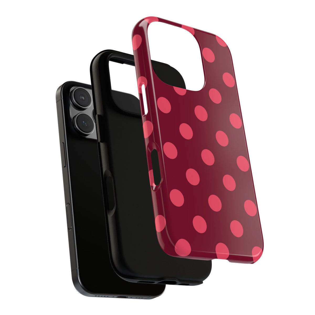 Burgundy polka dot tough phone case, pink dots on burgundy
