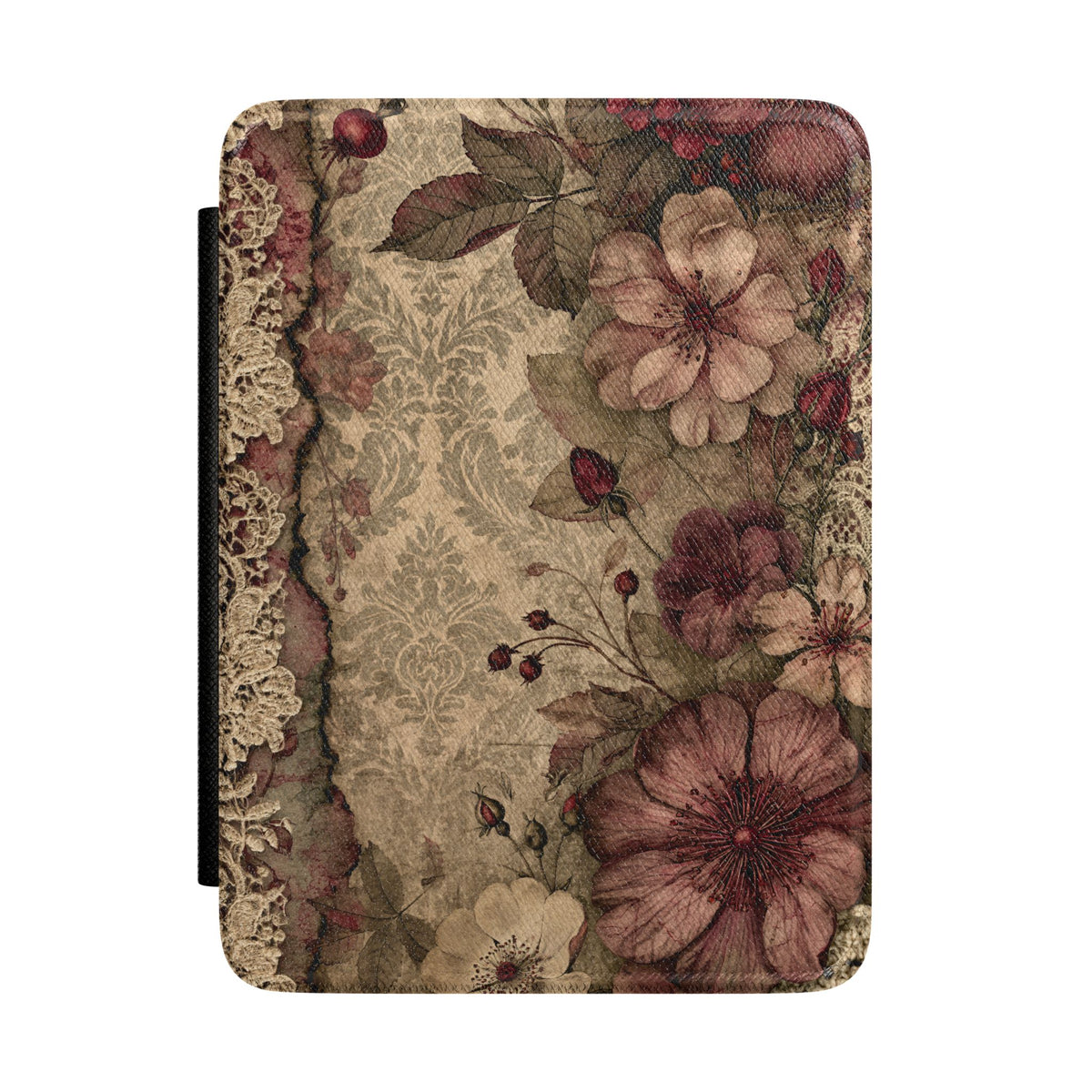 Burgundy rosehip Kindle case with wild roses and lace on beige damask