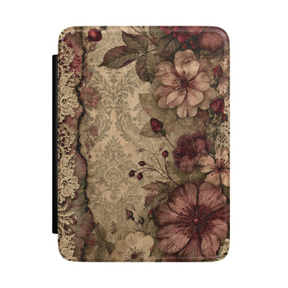 Burgundy rosehip Kindle case with wild roses and lace on beige damask